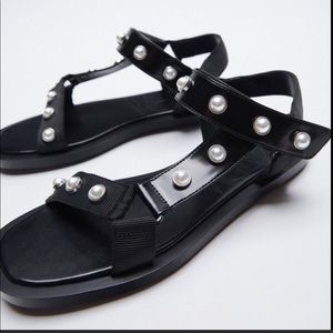 Zara black slide sandals with pearls